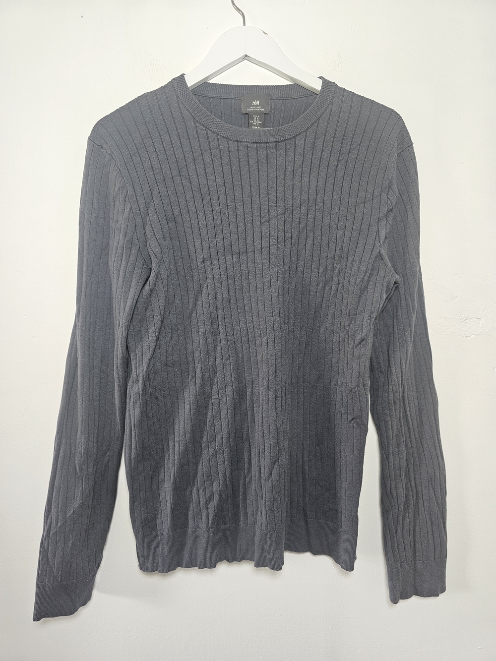 H&M Men's Ribbed Long-Sleeve Crewneck - Slate Blue